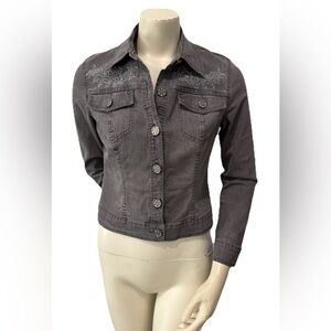 V Cristina Women’s S Gray Cropped Denim Trucker Jacket Embellished Rhinestones